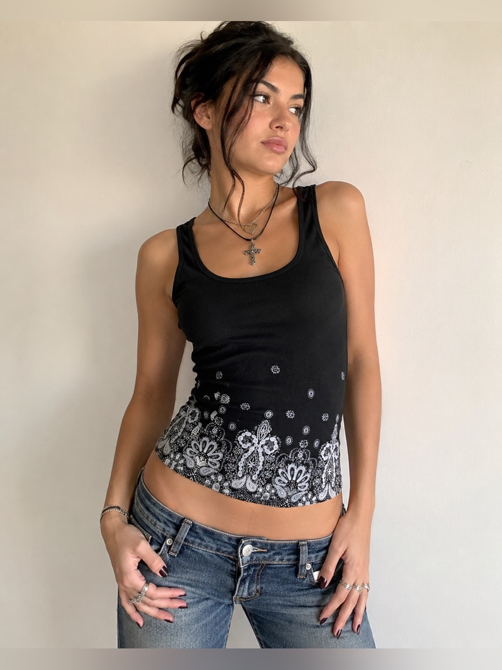 “Y2K Black Ribbed Tank Top Paisley Bandana Border Print Boho Indie Coquette”